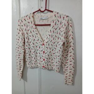 Zara womens medium ditsy Floral pink cream rose wool sweater cardigan cropped